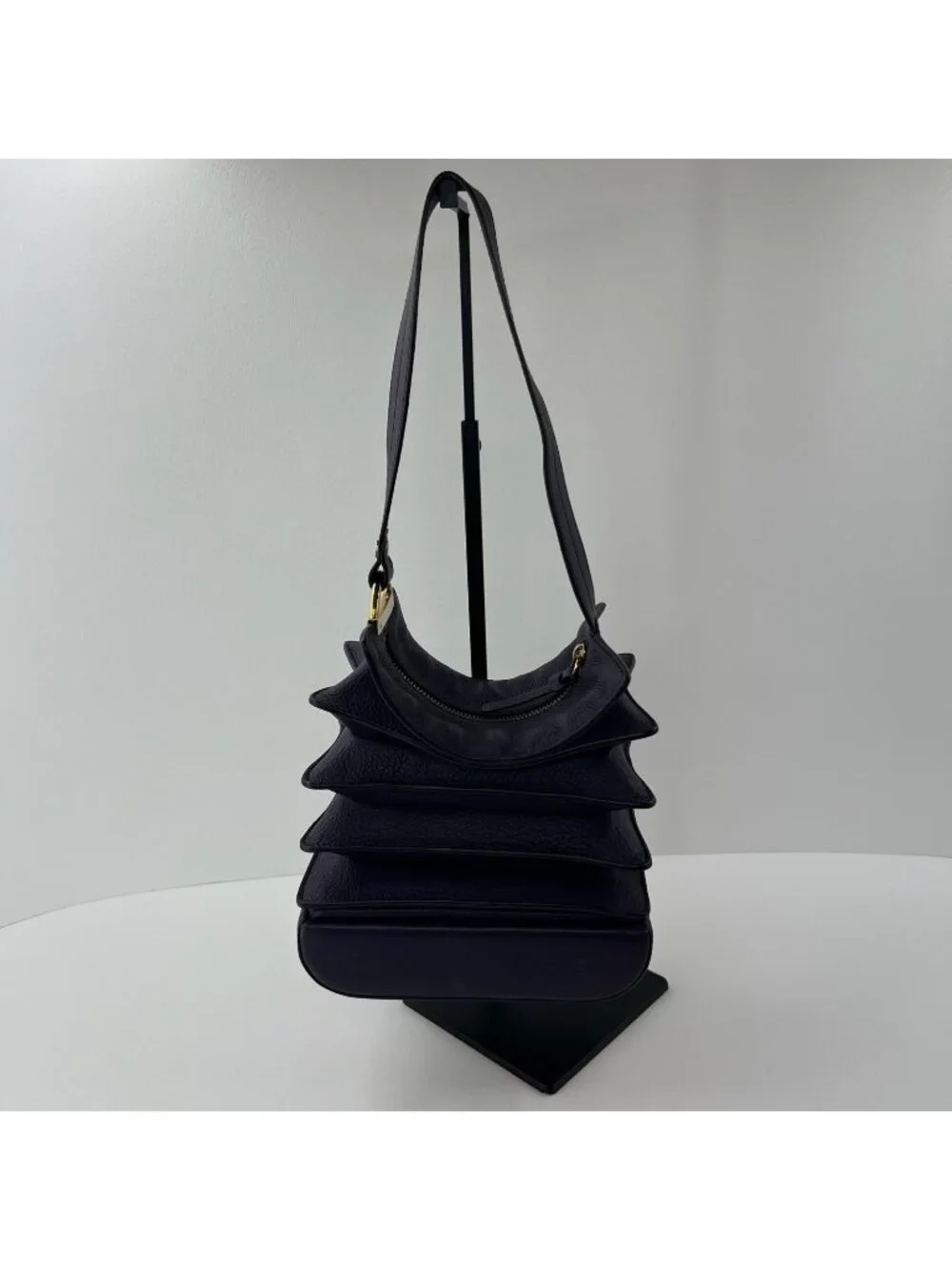 Bodhi Tiered Ruffle Hobo Shoulder Bag Womens Genuine Pebbled Leather Dark Purple